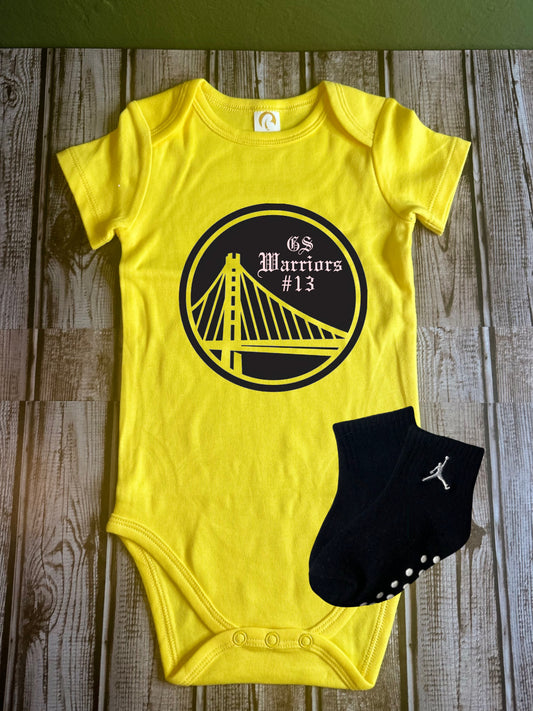 Warriors #13 OG GS black & yellow baby onsie shower gift